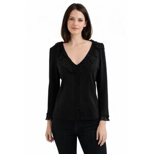 Saks Fifth Ave Real Clothes Silk Ruffle Chiffon V-Neck Silk Sweater M Whimsigoth